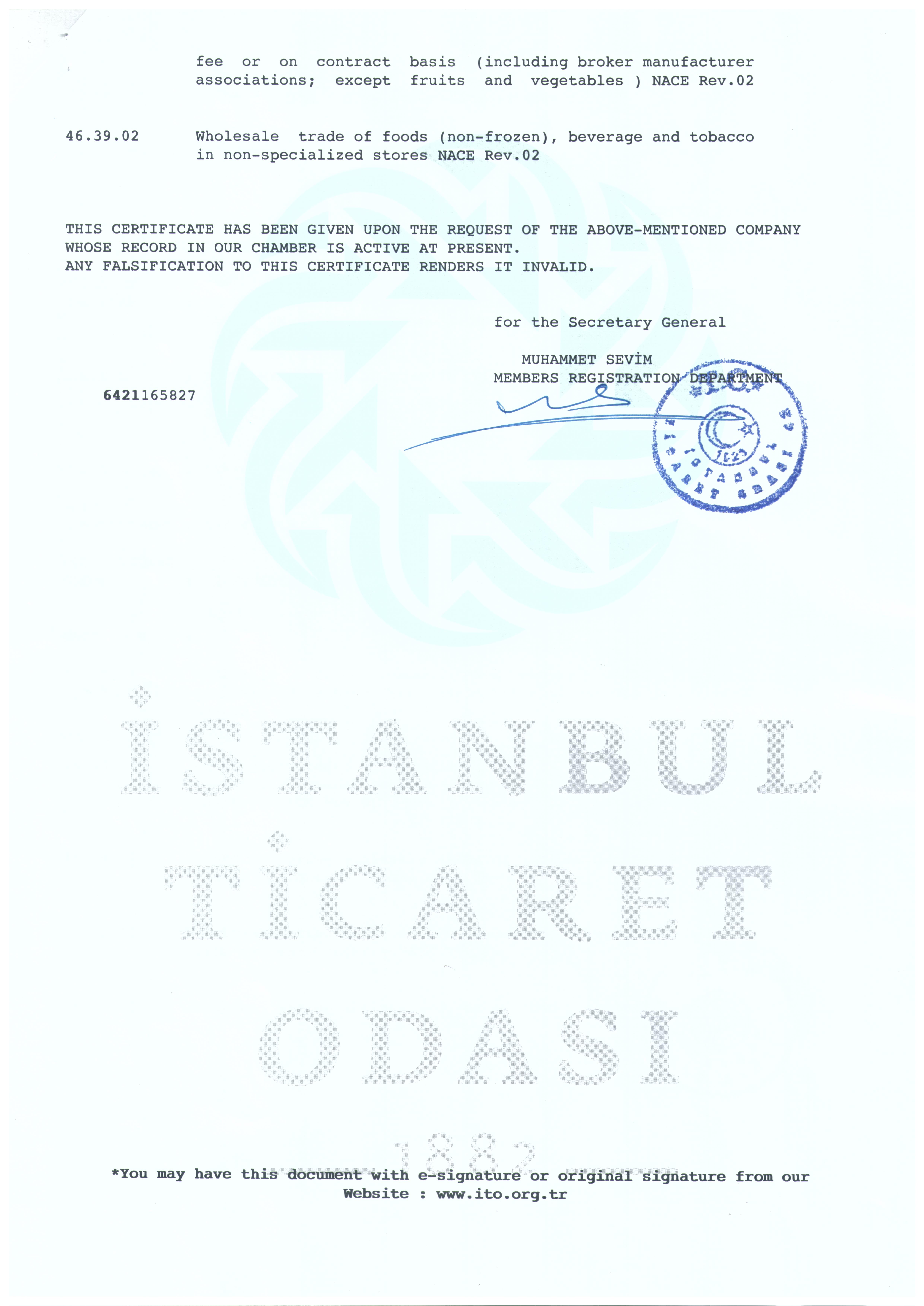 Istanbul Chamber of Commerce Certificate of Activity